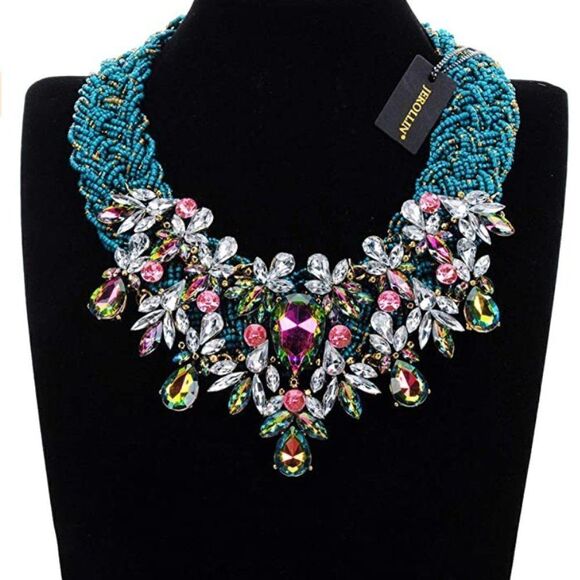 Silver with Green AB Austrian Crystal and Blue Beaded Chunky Collar Bib Necklace - Picture 4 of 5